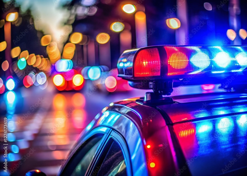 Emergency Lights Flashing on Police Cruiser, Law Enforcement Vehicle, Safety, Night Scene Emergency Lights Flashing on Police Cruiser, Law Enforcement Vehicle, Safety, Night Scene