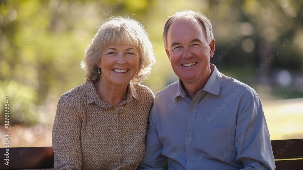 Smiling elderly couple on a bench, radiating joy and togetherness in a serene moment. Smiling elderly couple on a bench, radiating joy and togetherness in a serene moment.