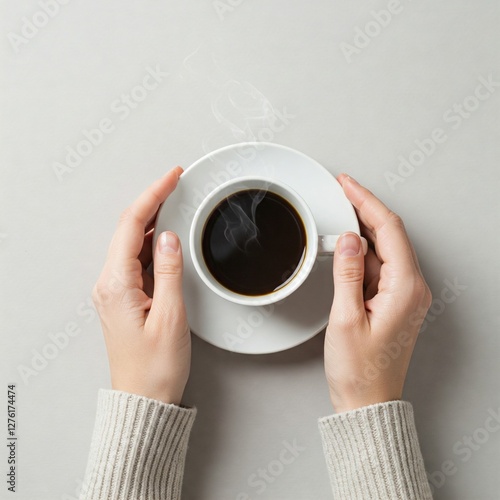 Female (woman) hands hold a white cup with coffee isolated grey and top view.