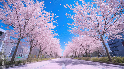scenic pathway lined with blooming cherry blossom trees clear blue sky creates serene and picturesque atmosphere. pink petals contrast beautifully with vibrant sky, enhancing tranquil setting