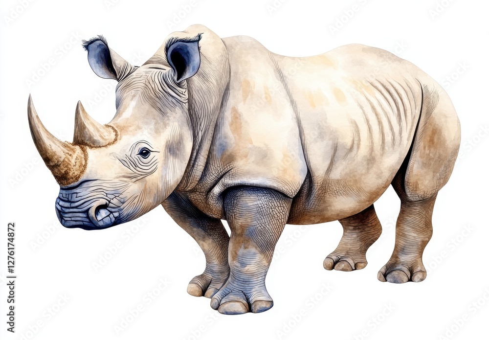 Obraz premium Watercolor painting of a rhinoceros, light beige and brown tones, detailed texture, isolated on white background. Majestic and powerful creature