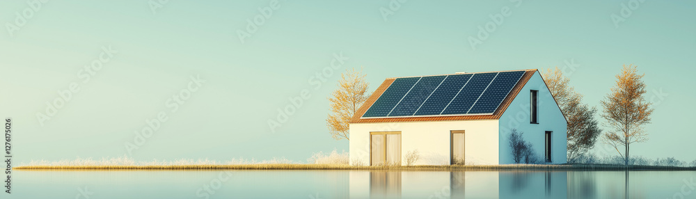 Fototapeta premium Charming contemporary cottage with solar panels integrated into the roof. The home is placed against a soft pastel blue background