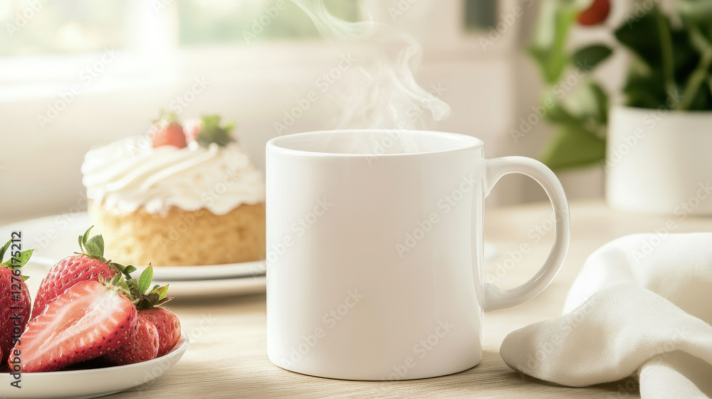 steaming white coffee mug sits beside fresh strawberries and cake, creating cozy atmosphere steaming white coffee mug sits beside fresh strawberries and cake, creating cozy atmosphere