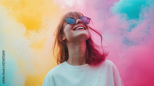 A manipulated photo where the background around a joyful person becomes more vibrant