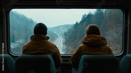 Obraz na płótnie Two Travelers Enjoy Scenic Train Journey Through Serene Landscape w salonie