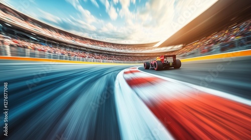 An image of racing track with car driving on it. Motion of track circuit in motion race. A blurred image of racing grandstand at the stadium. A picture of a racecourse featuring a car on it lifestyle.
