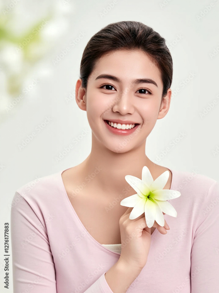 Bright smile and serene beauty with a delicate flower in hand Bright smile and serene beauty with a delicate flower in hand