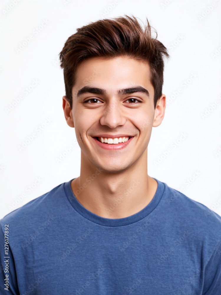 Young man smiles brightly against a light background with confidence Young man smiles brightly against a light background with confidence