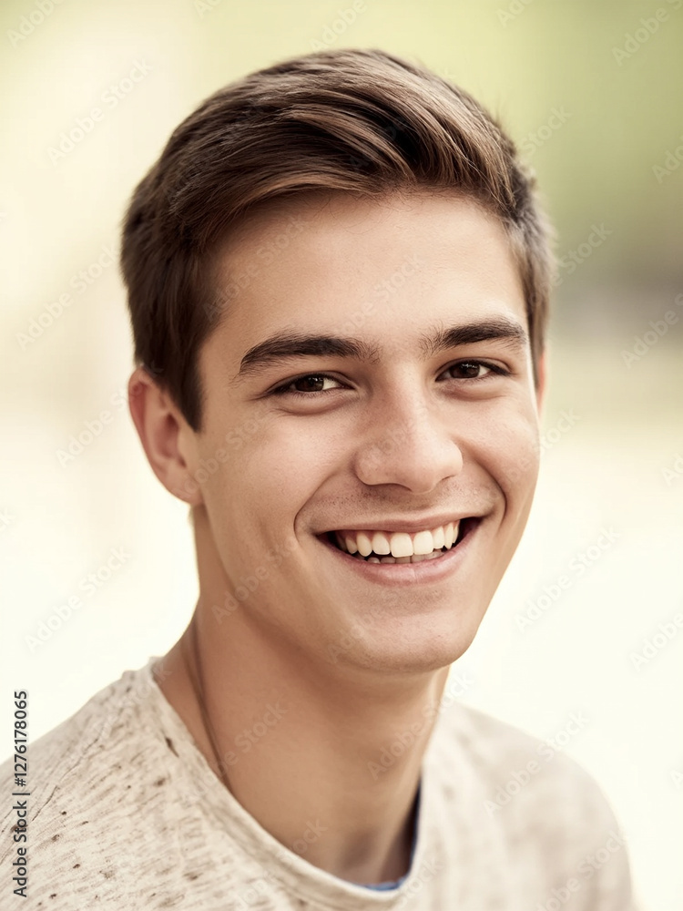 Bright smile radiates joy in sunny outdoor setting Bright smile radiates joy in sunny outdoor setting
