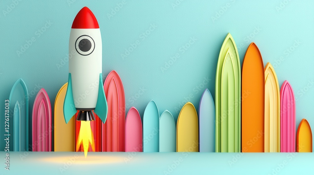 Colorful rocket launching against a vibrant surfboard backdrop. Colorful rocket launching against a vibrant surfboard backdrop.