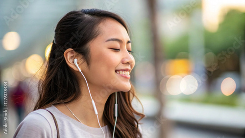 Pleased Thai young woman in wired earphone listening music outdoor and smiling happy in urban street