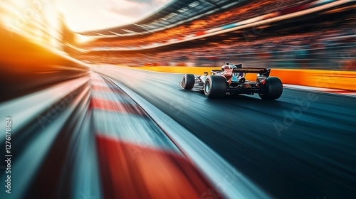 An image of racing track with car driving on it. Motion of track circuit in motion race. A blurred image of racing grandstand at the stadium. A picture of a racecourse featuring a car on lifestyle it.