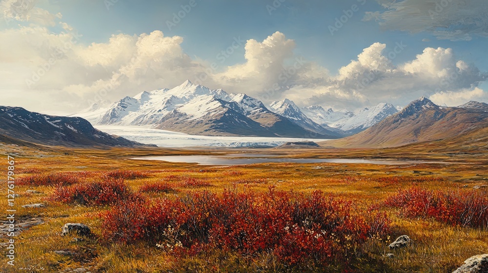 Tundra landscape with low shrubs and snow-capped mountains in the distance Tundra landscape with low shrubs and snow-capped mountains in the distance