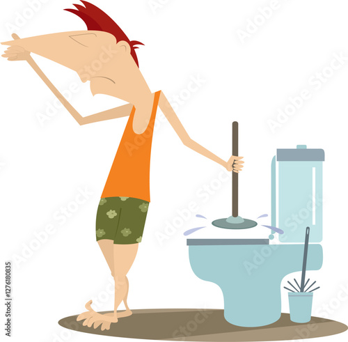 A man clears a clogged toilet boul.
A young man with a plunger in his hand tries to clear a blockage in a toilet and plugs his nose to avoid smelling the unpleasant smell