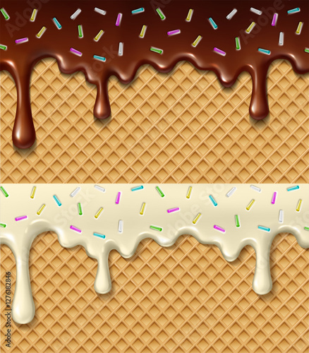 3d realistic vector illustration. Dark and white chocolate cream sweet glaze melting on a waffle with colorful sprinkles.