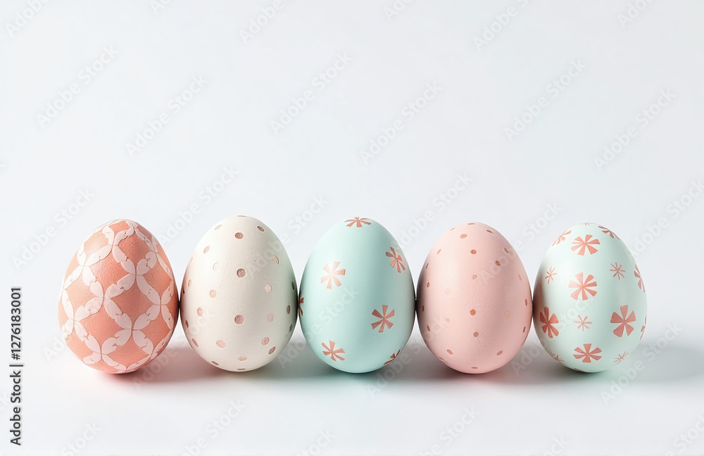 Fototapeta premium A Minimalist Easter Egg Arrangement In Gentle Pastel Tones, White Background Intricate Patterns, Realism 00002