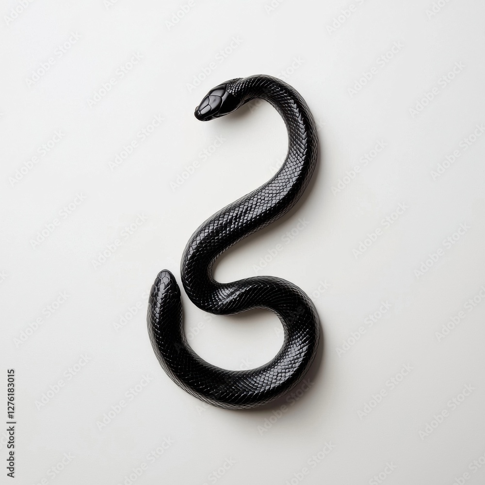 Fototapeta premium Black snake on white background, striking and elegant in shape.