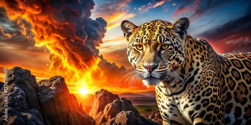 Fiery Jaguar Head Landscape: Majestic Wildlife in a Volcanic Sunset