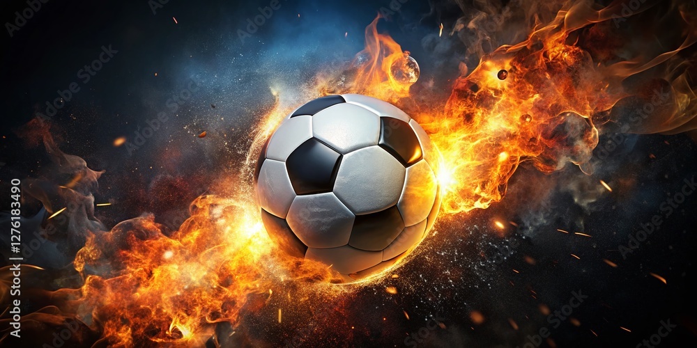 Fototapeta premium Fiery Soccer Ball: Dramatic Drone Shot of Burning Ball on Night Sky