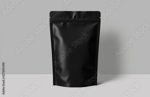 Glossy black stand up pouch with a resealable zipper