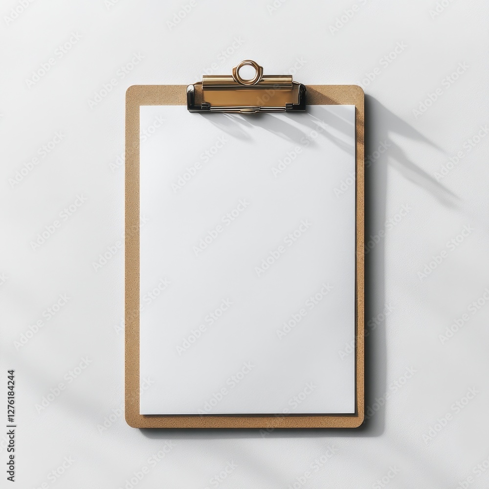 A simple clipboard with a blank sheet of paper, realistic shadows, white background A simple clipboard with a blank sheet of paper, realistic shadows, white background