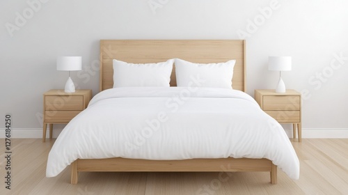  Scandinavian-style bedroom with a clean white bed, light wooden furniture, and soft neutral tones