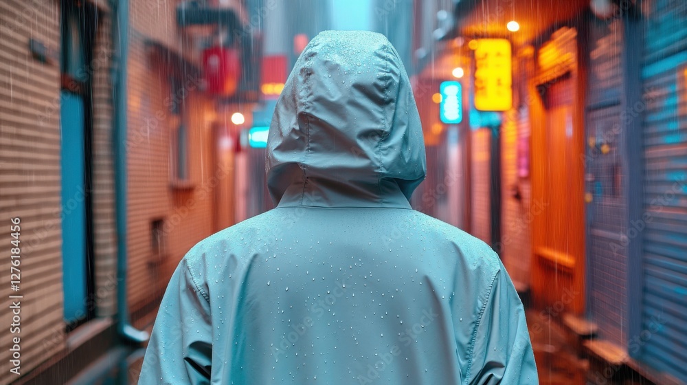 figure wearing a hooded jacket, standing alone in a dimly lit alley as raindrops glisten under the neon lights. figure wearing a hooded jacket, standing alone in a dimly lit alley as raindrops glisten under the neon lights.