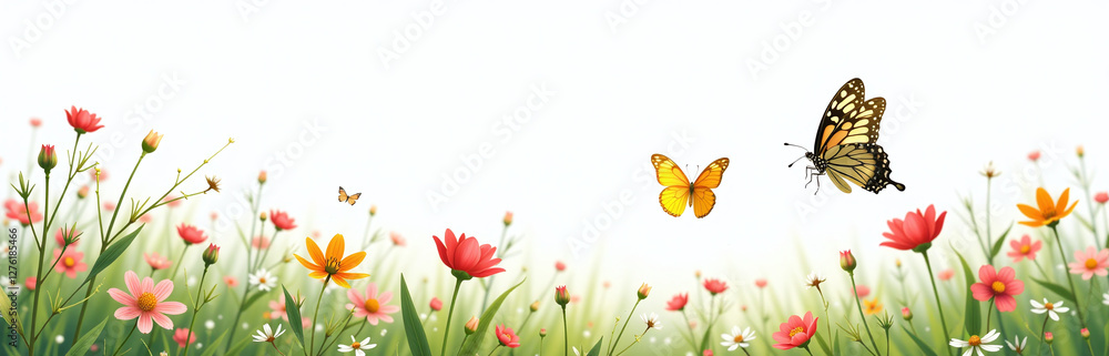 Fototapeta premium A Tranquil Spring Meadow With Butterflies Gently Fluttering, White Background Highly Detailed Textures, Realism 00002