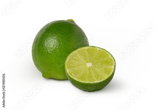 Whole ripe lime and a slice isolated.