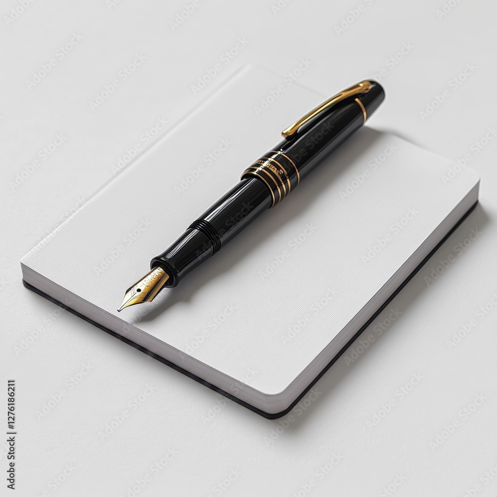 A simple notepad with a fountain pen, photorealistic shadows, white background A simple notepad with a fountain pen, photorealistic shadows, white background