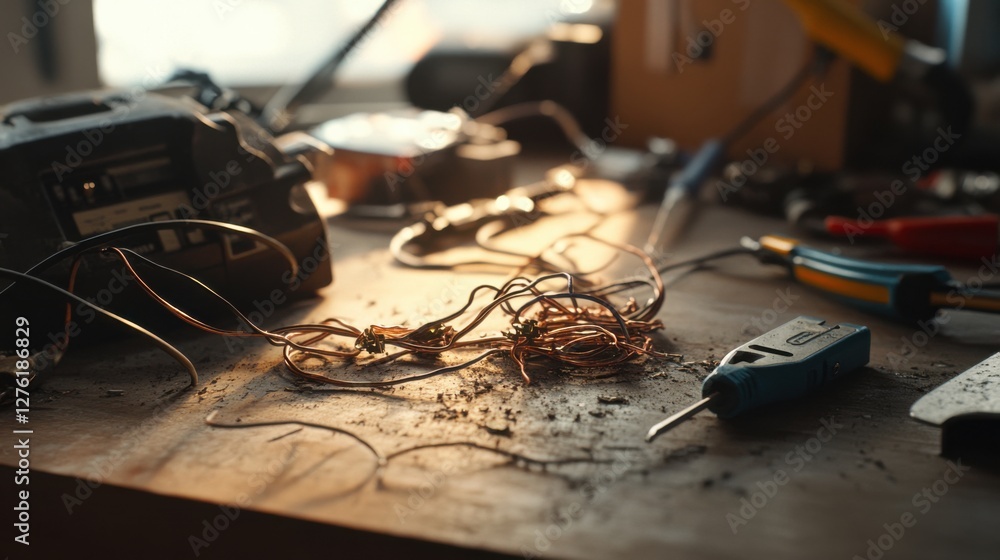 Damaged cables on a desk with electrical tools and a soldering iron. Featuring exposed copper and broken insulation Damaged cables on a desk with electrical tools and a soldering iron. Featuring exposed copper and broken insulation