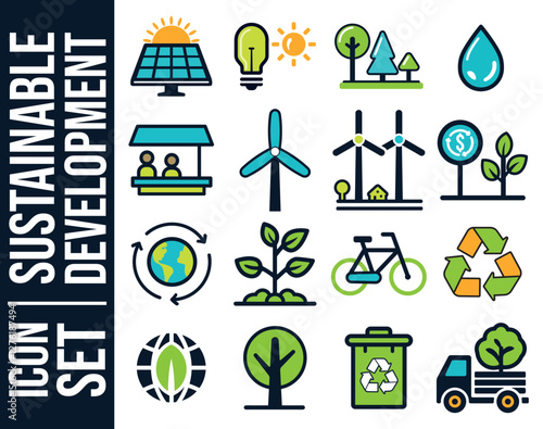 Ensemble d'icones colorées, symbole du développement durable, recyclage et protection de la nature, vecteur