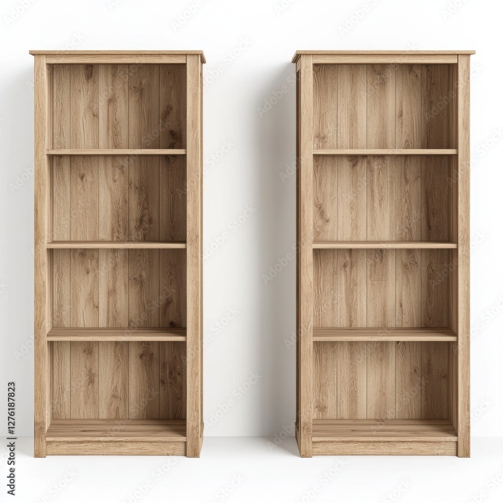 Wooden bookcases with a natural finish, set against a white background. Wooden bookcases with a natural finish, set against a white background.
