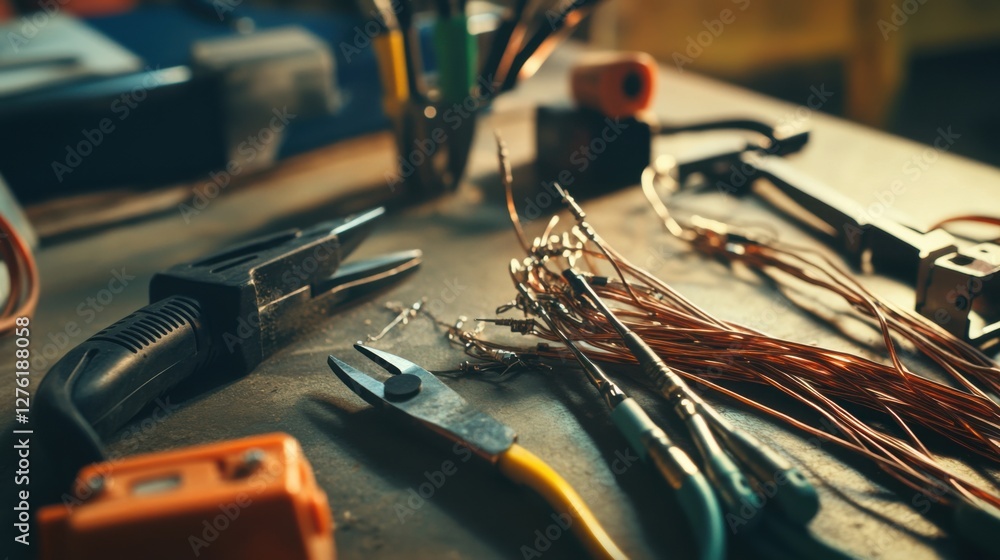 Fototapeta premium Damaged cables on a desk with soldering tools. Featuring frayed edges and exposed copper