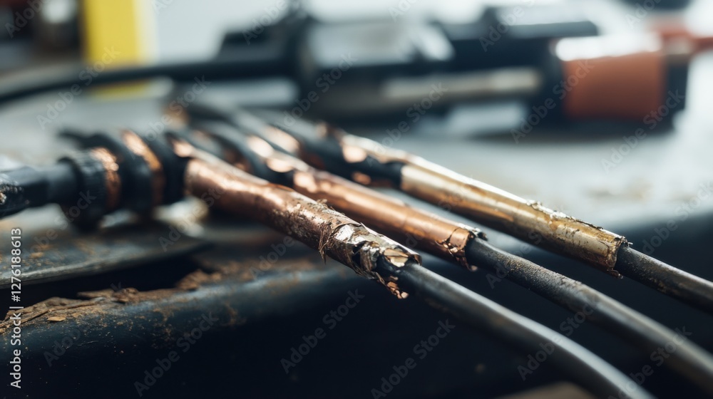 Naklejka premium Damaged cables on a mechanic’s bench. Featuring cracked insulation and exposed copper wires