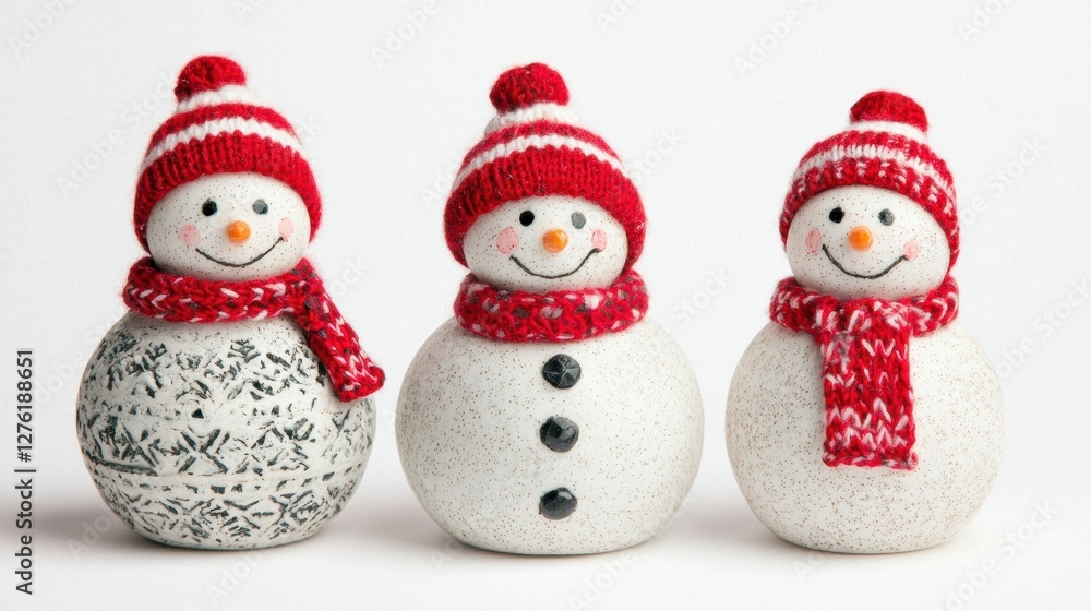 Three snowmen on a white background, cheerful and festive decor. Three snowmen on a white background, cheerful and festive decor.
