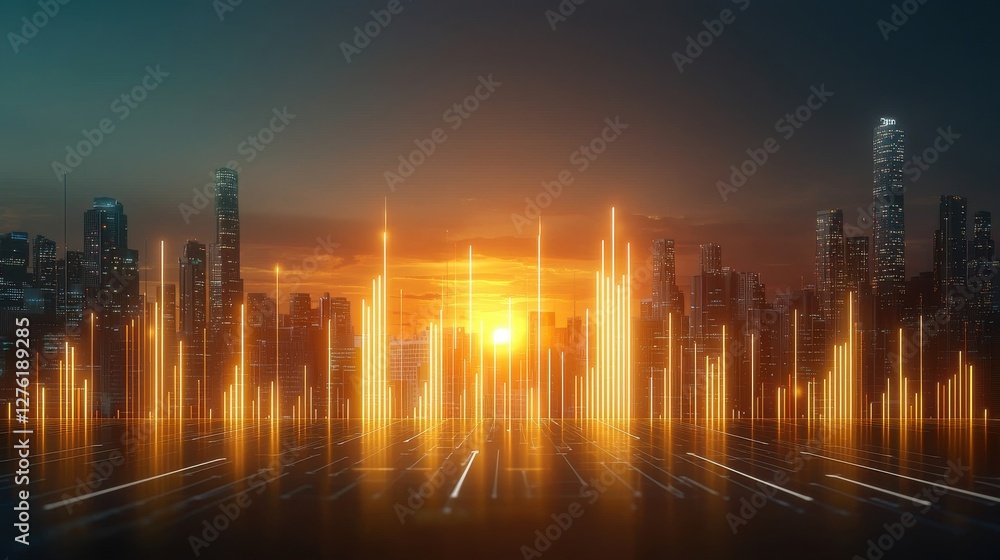 Fototapeta premium Futuristic city skyline with glowing data visualization elements.
