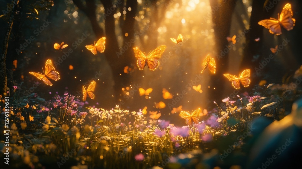 Naklejka premium magical golden butterflies in a sunlit forest