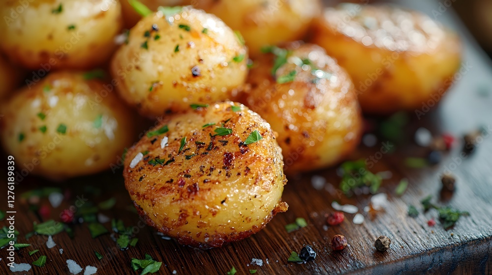 Golden potato balls rest on rustic wooden surface, perfectly fried and garnished with herbs and spices, showcasing appetizing culinary presentation. Golden potato balls rest on rustic wooden surface, perfectly fried and garnished with herbs and spices, showcasing appetizing culinary presentation.