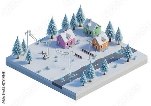 Isometric Winter Village with Colorful Houses and Snowy Pine Trees