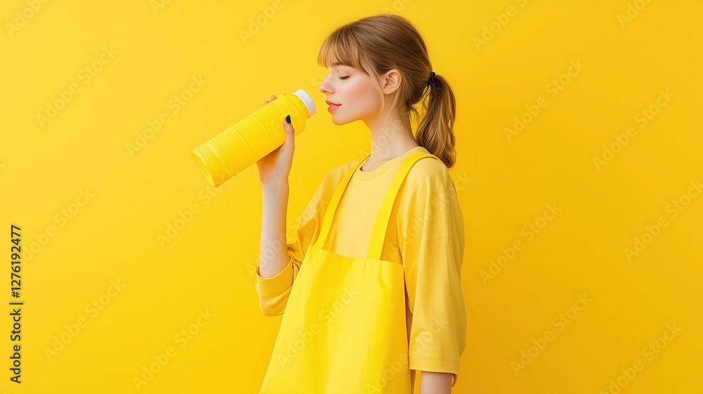 Girl Drinking Juice in Yellow – Vibrant & Refreshing Girl Drinking Juice in Yellow – Vibrant & Refreshing