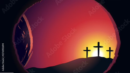 Morning tomb and Calvary with background of three crosses on Easter. Web banner for Easter Sunday service with Golgotha and open cave. Vector illustration