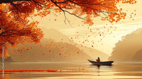 Autumn Serenity: A lone boatman glides on a tranquil lake, surrounded by the warm hues of falling autumn leaves and a misty mountain backdrop. photo