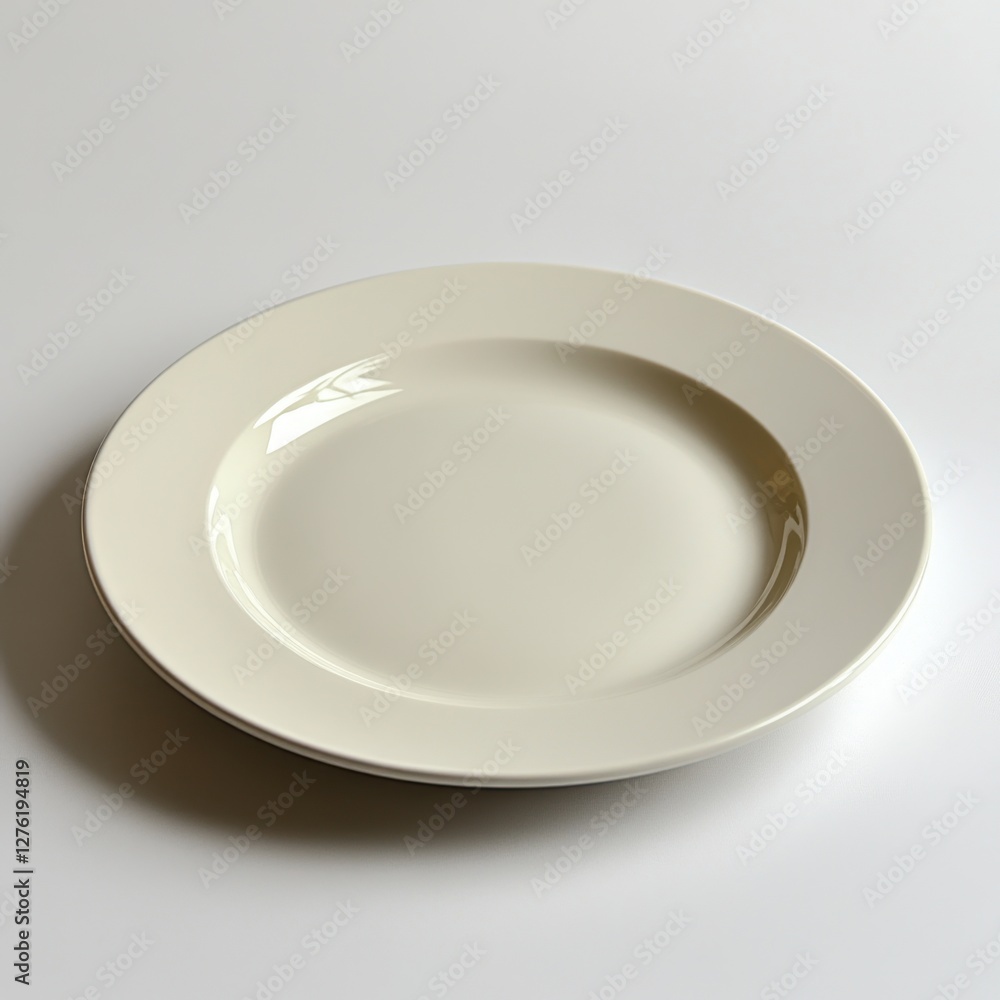A single white ceramic plate on a clean white background, realistic lighting A single white ceramic plate on a clean white background, realistic lighting