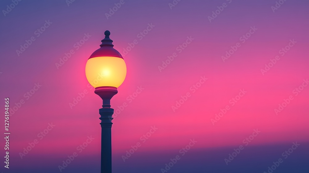 Spherical glass globe street lamp stands against dramatic sunset sky, creating vintage aesthetic with pink and purple twilight colors in urban setting. Spherical glass globe street lamp stands against dramatic sunset sky, creating vintage aesthetic with pink and purple twilight colors in urban setting.