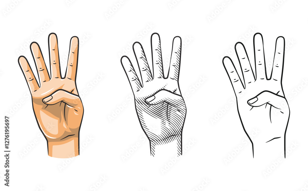 Fototapeta premium Hand Gesture Number Four Line Art Shaded Colored
