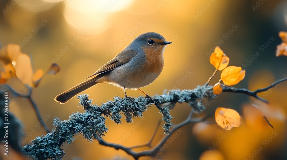 Small songbird rests on lichen-covered branch with forest bokeh background, captured in golden hour light with cinematic mood and sharp detail focus. Small songbird rests on lichen-covered branch with forest bokeh background, captured in golden hour light with cinematic mood and sharp detail focus.