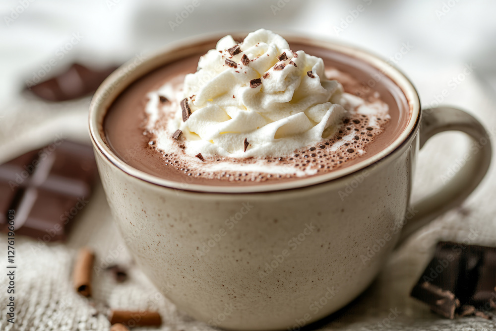 Creamy hot chocolate topped with whipped cream and cocoa powder in a cozy setting Creamy hot chocolate topped with whipped cream and cocoa powder in a cozy setting