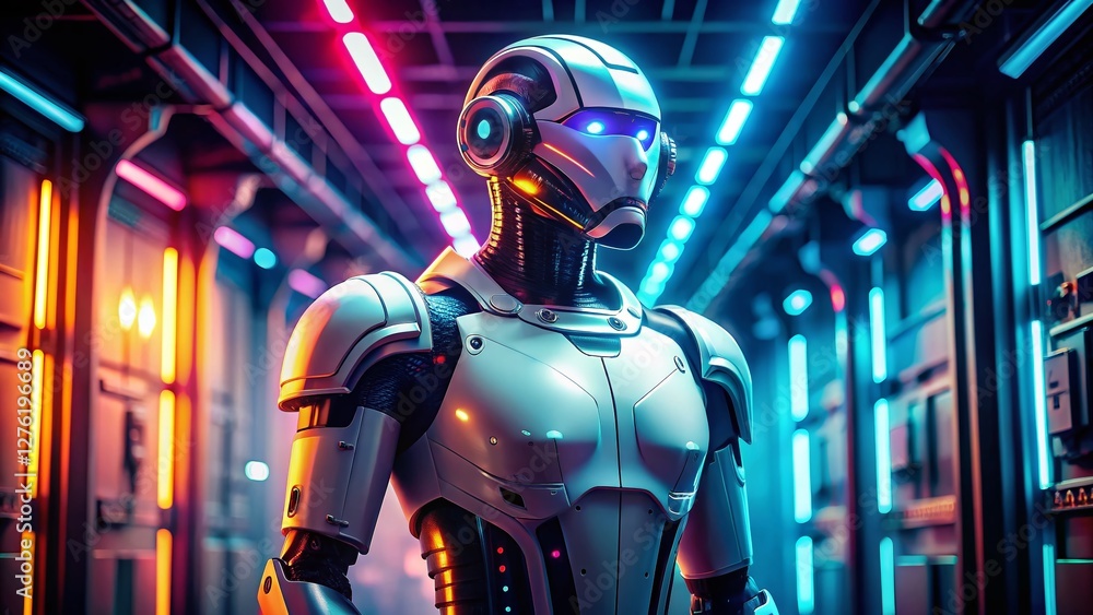 Futuristic White Robot with Visor, Glowing Lights Background - AI Generated Stock Photo Futuristic White Robot with Visor, Glowing Lights Background - AI Generated Stock Photo