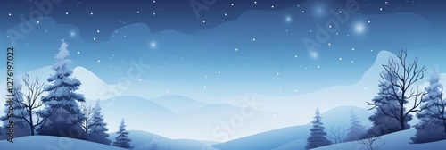Snowy winter landscape, starry night, hills, trees.  Holiday card
